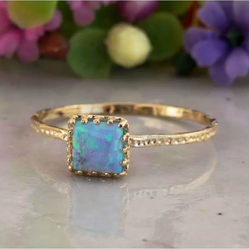 14K Yellow Gold Square Blue Opal 5X5mm Ring