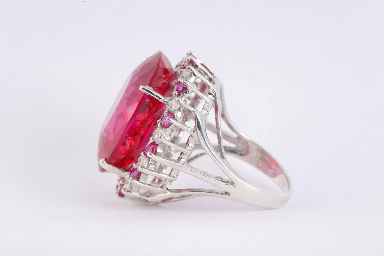 925 Silver 34.92tcw Ruby 2.38ctw White & Pink Stone Ring Size 6.75 (12.90g.)