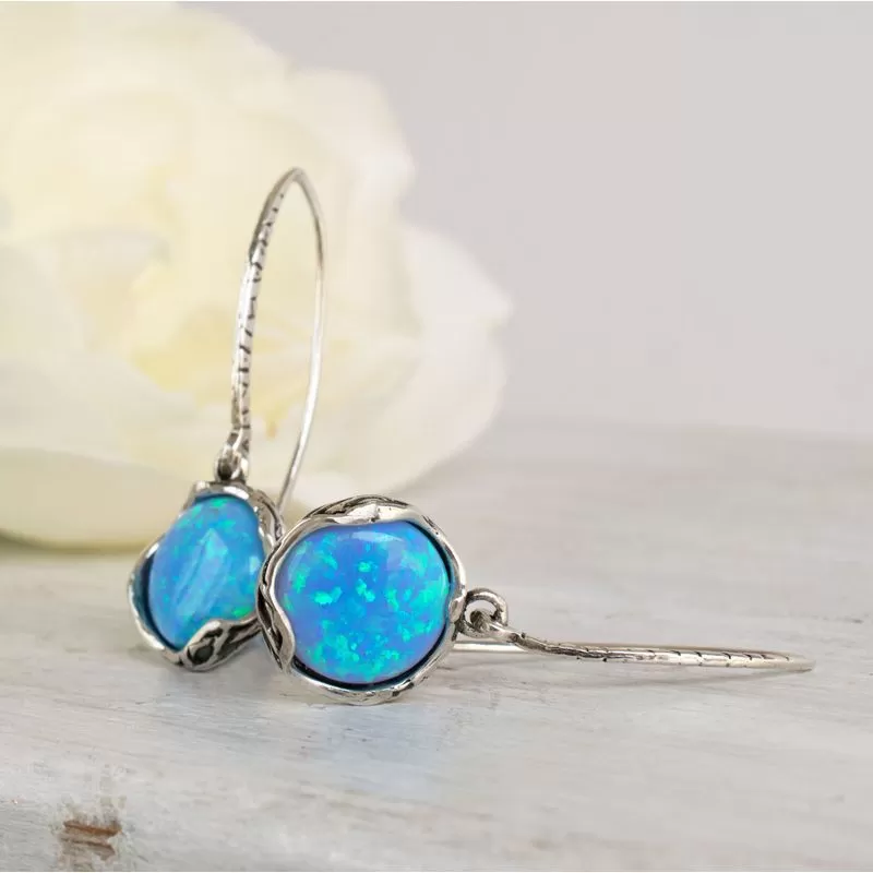 925 Sterling Silver Round Blue Opal 12mm Dangle Earrings