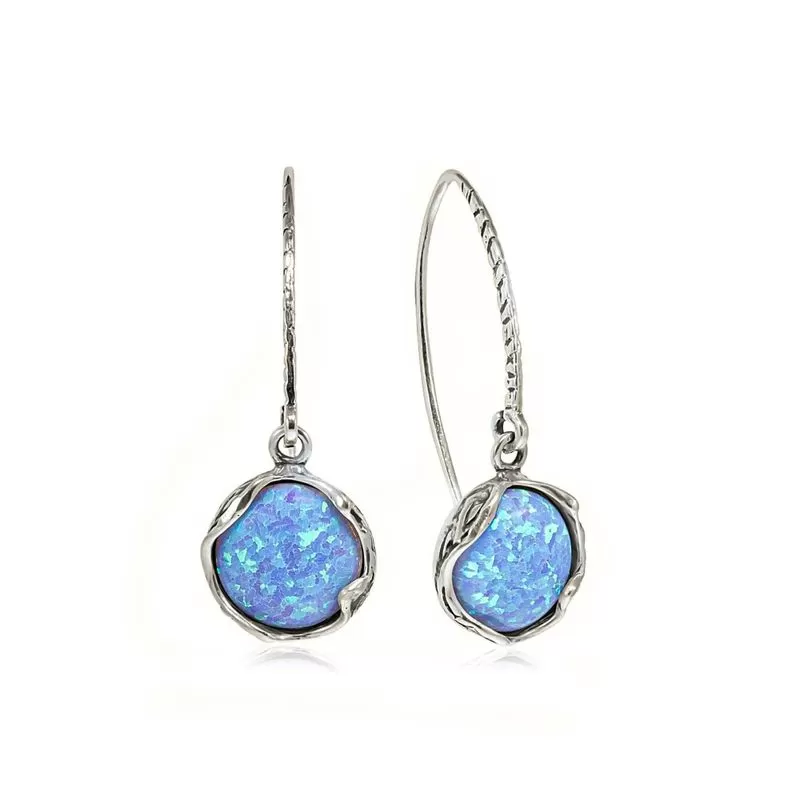 925 Sterling Silver Round Blue Opal 12mm Dangle Earrings