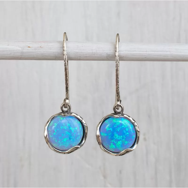 925 Sterling Silver Round Blue Opal 12mm Dangle Earrings