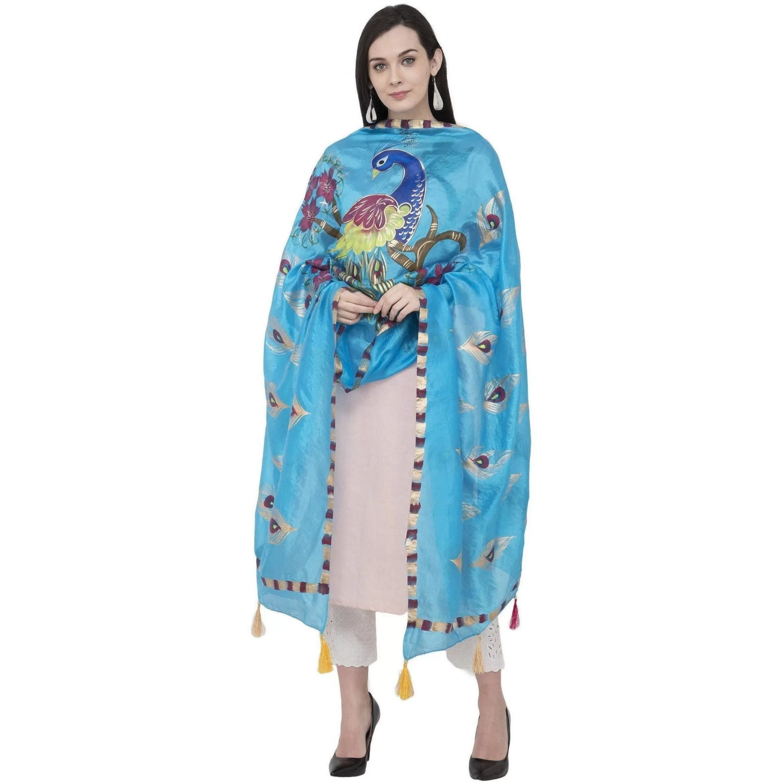 A R Silk Silk Peacock Multi Fancy Dupatta Color Firozi Dupatta or Chunni