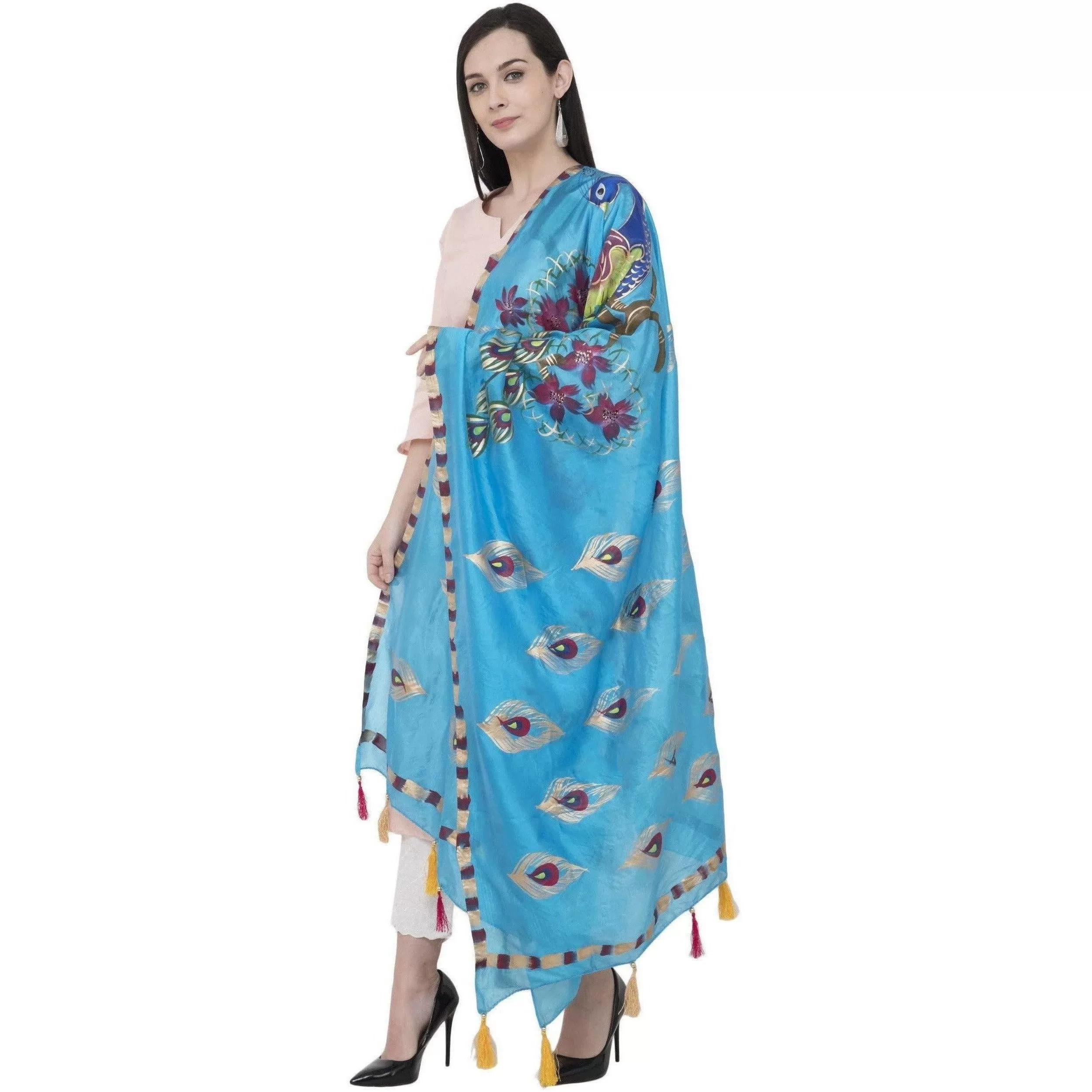 A R Silk Silk Peacock Multi Fancy Dupatta Color Firozi Dupatta or Chunni