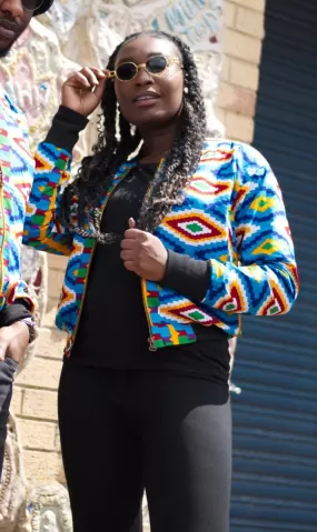 African Jacket in Blue Kente Print- Festival Clothing