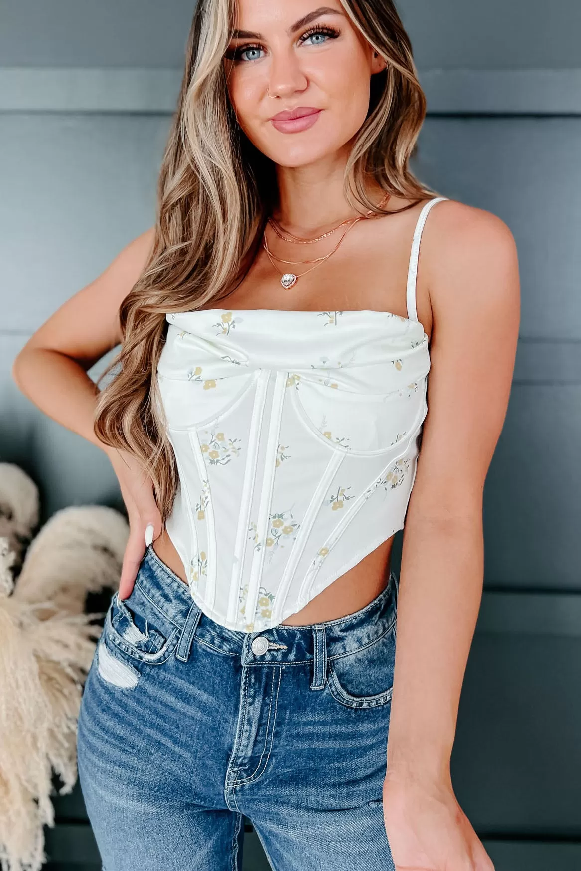 All Things Sweet Floral Cowl Neck Corset Top (Pale Yellow)