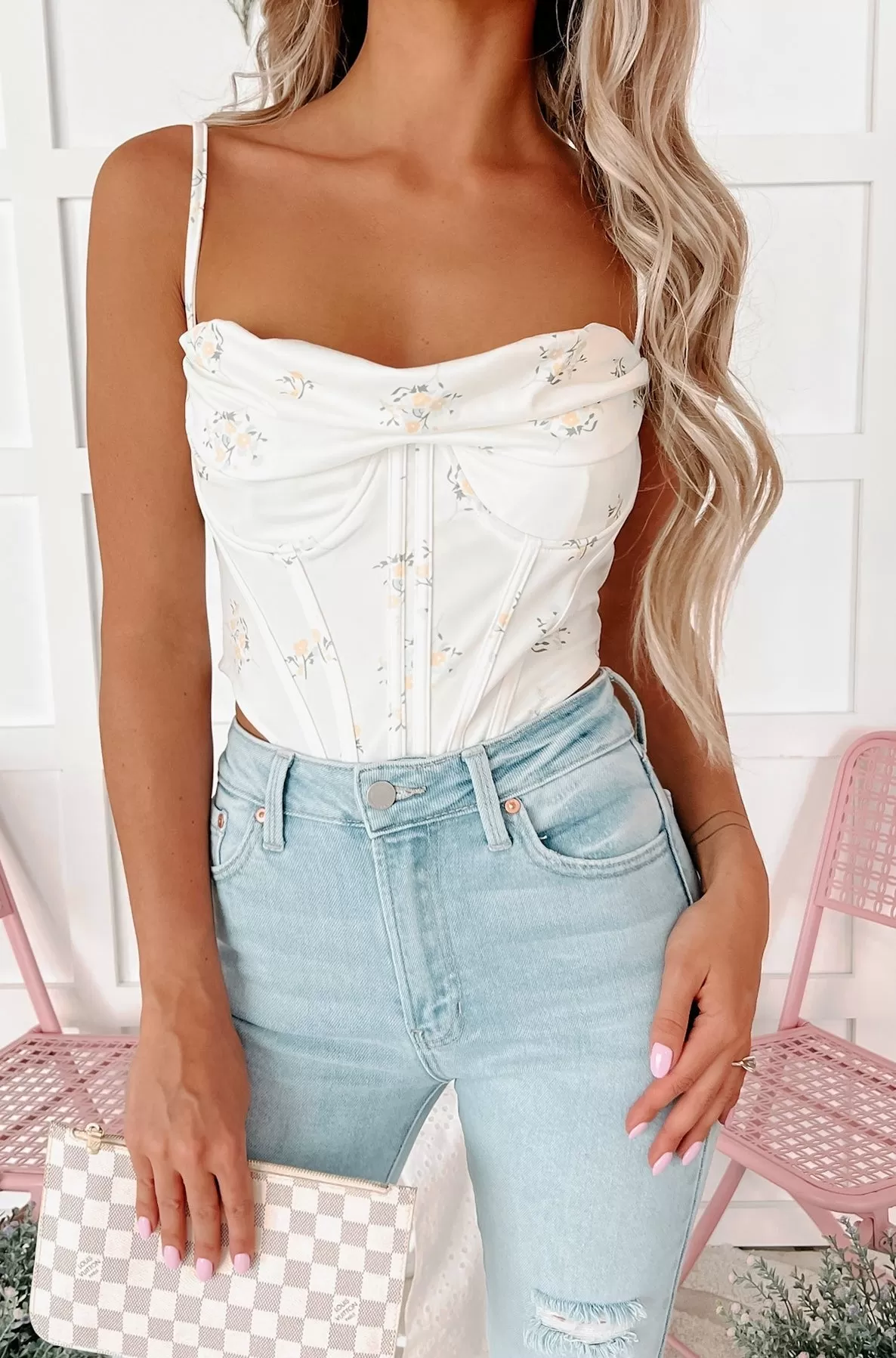 All Things Sweet Floral Cowl Neck Corset Top (Pale Yellow)