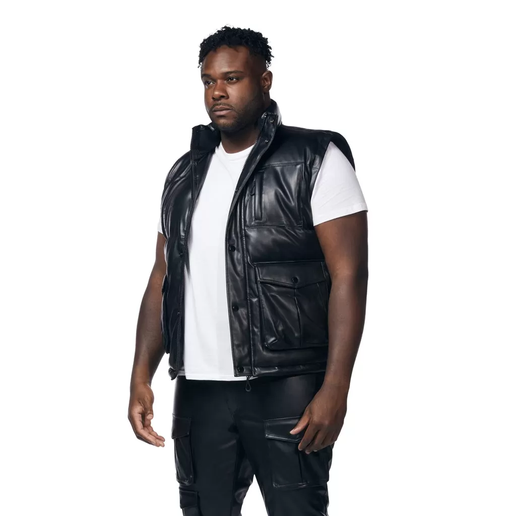 Big And Tall Utility Vegan Leather Vest - Black