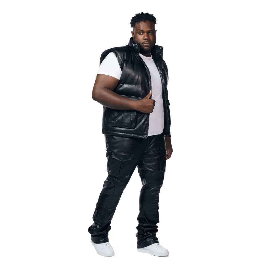 Big And Tall Utility Vegan Leather Vest - Black