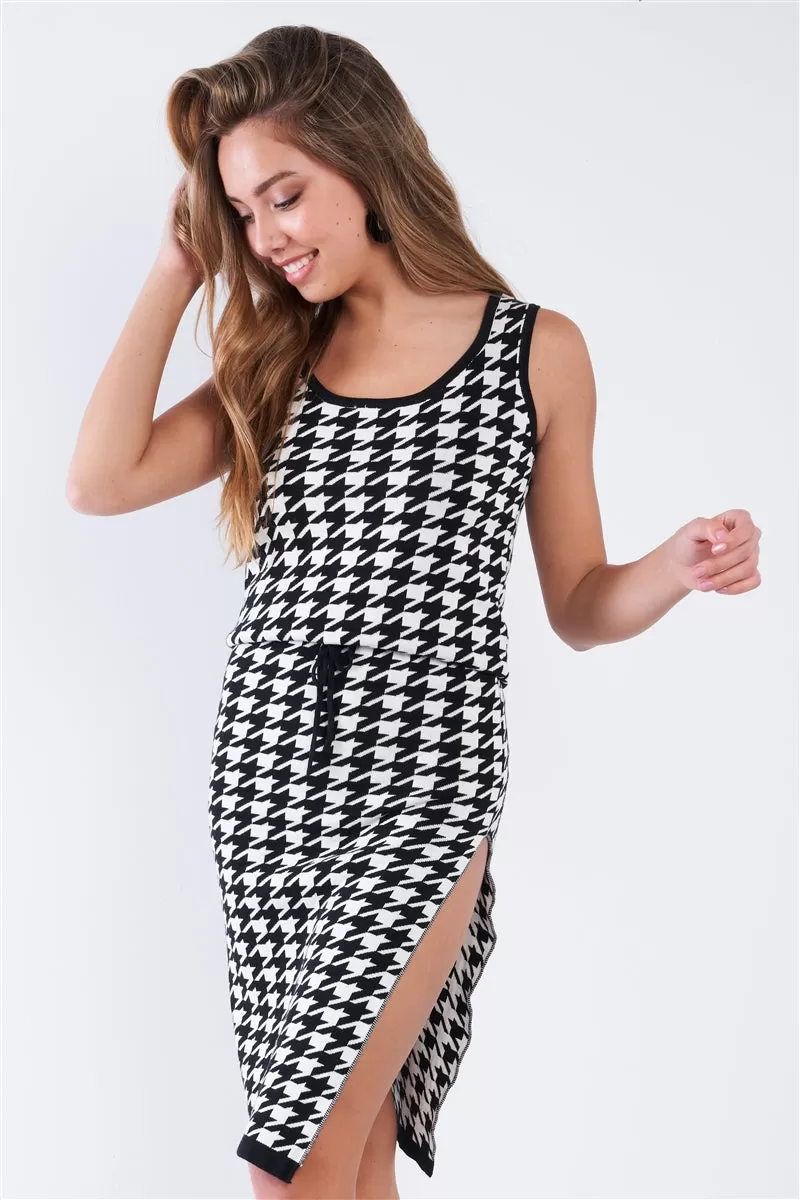 Black & White Houndstooth Print Sleeveless Drop Waist Side Slit Midi Dress