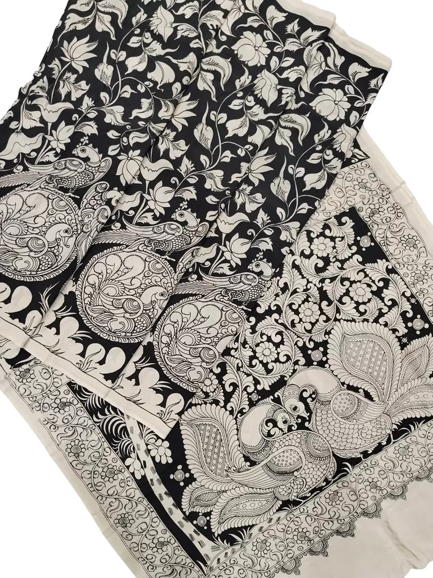 Black And White Hand Painted Kalamkari Chennur Silk Saree