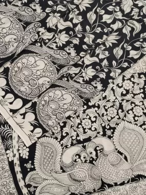 Black And White Hand Painted Kalamkari Chennur Silk Saree