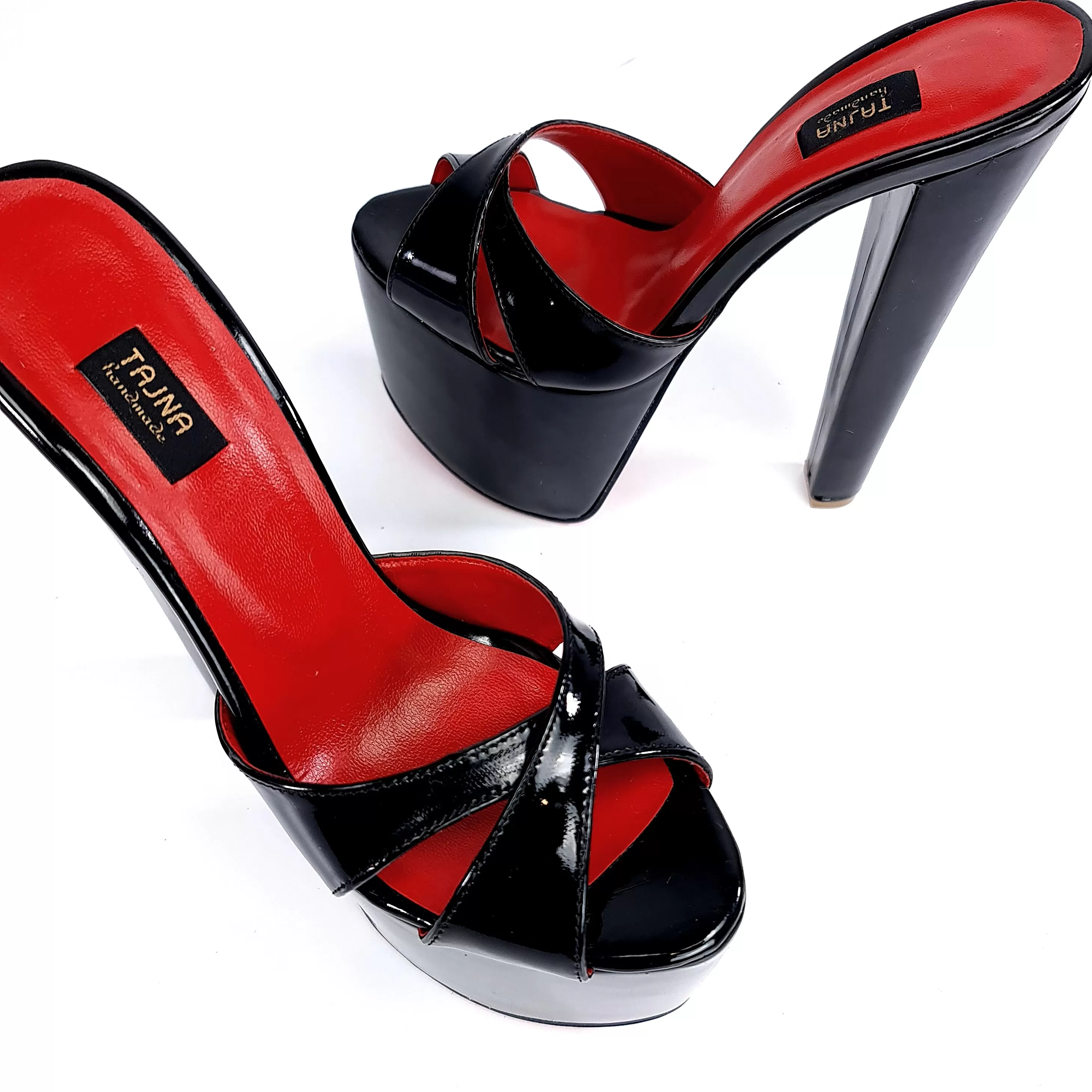 Black Gloss Red Detail Chunky Heel Mules