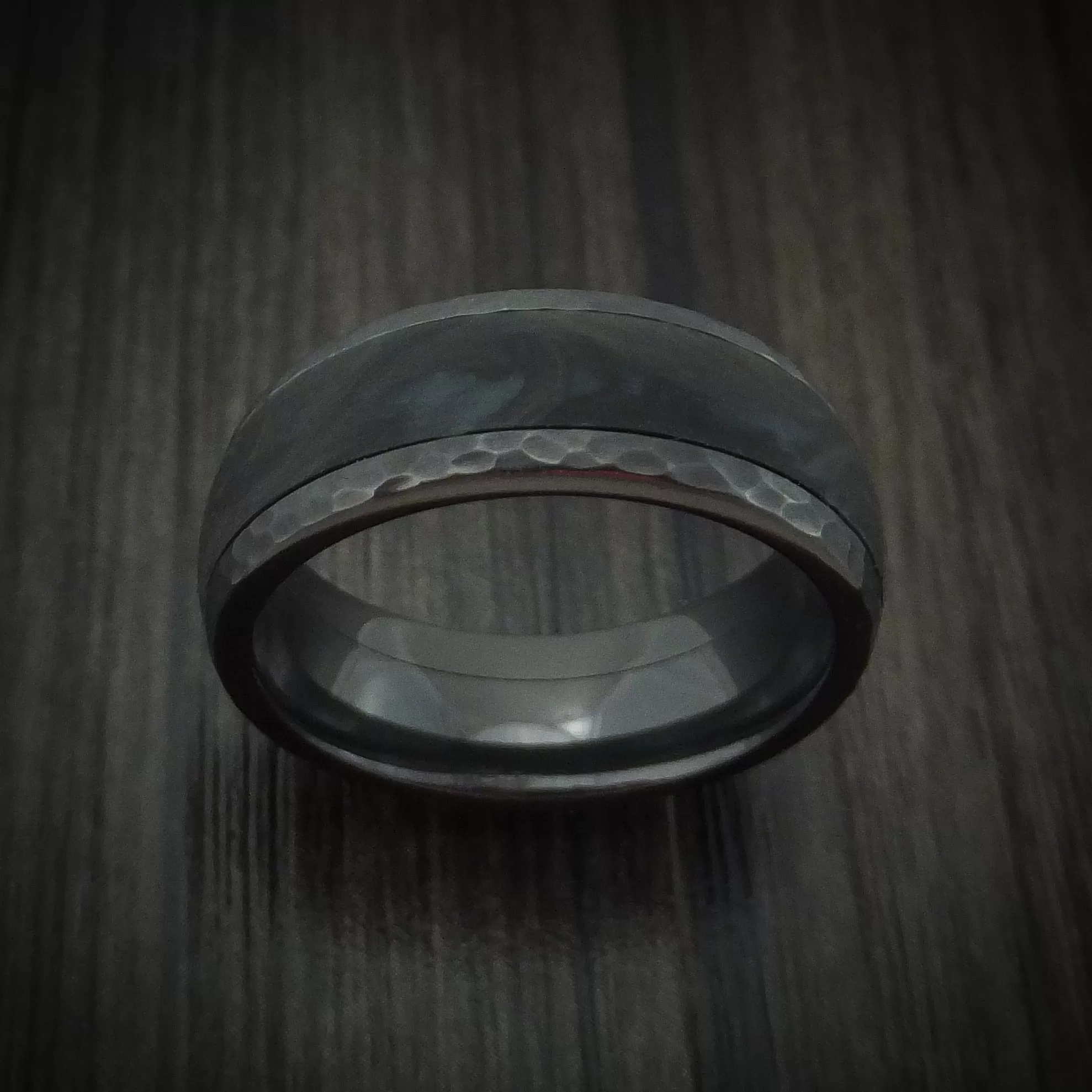 Black Titanium Hammered Men's Ring with Forged Carbon Fiber Inlay Band