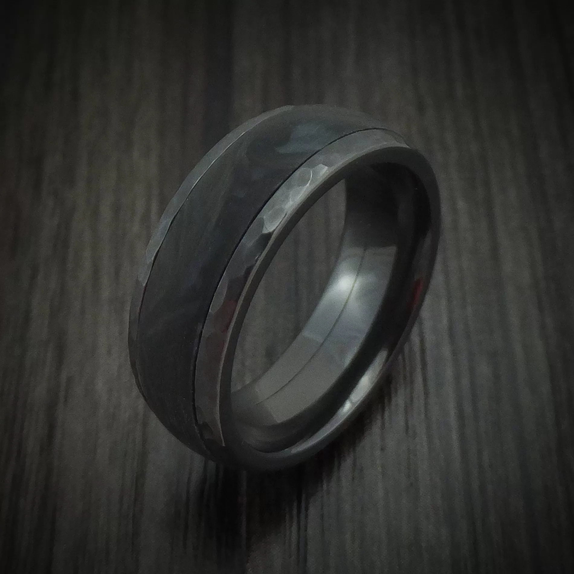 Black Titanium Hammered Men's Ring with Forged Carbon Fiber Inlay Band