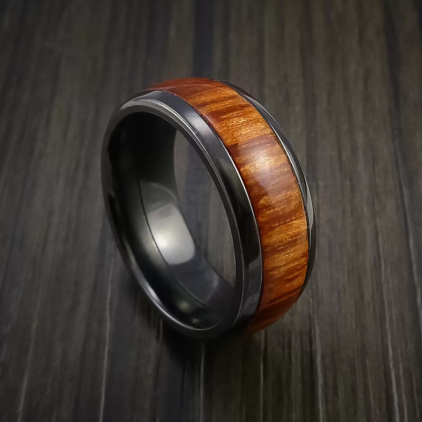 Black Titanium Men's Ring with Wood Inlay Custom Made Wedding Band