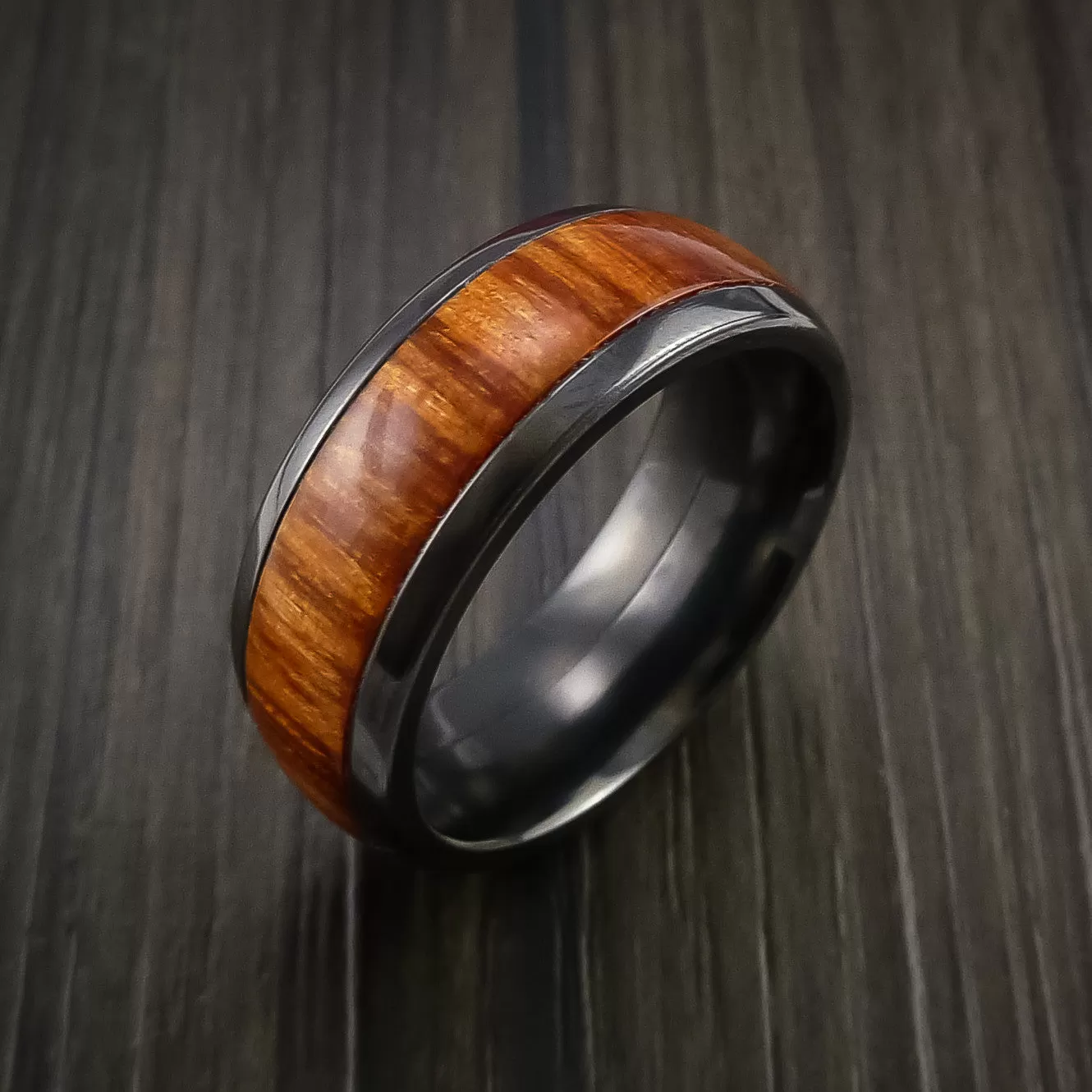 Black Titanium Men's Ring with Wood Inlay Custom Made Wedding Band