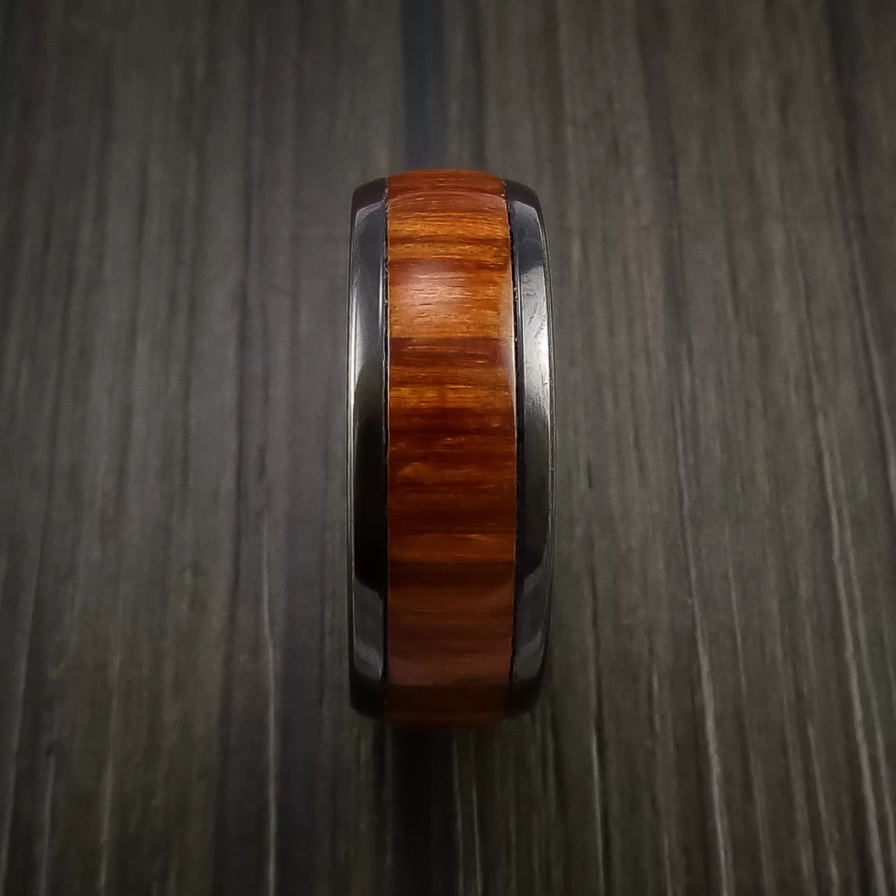 Black Titanium Men's Ring with Wood Inlay Custom Made Wedding Band