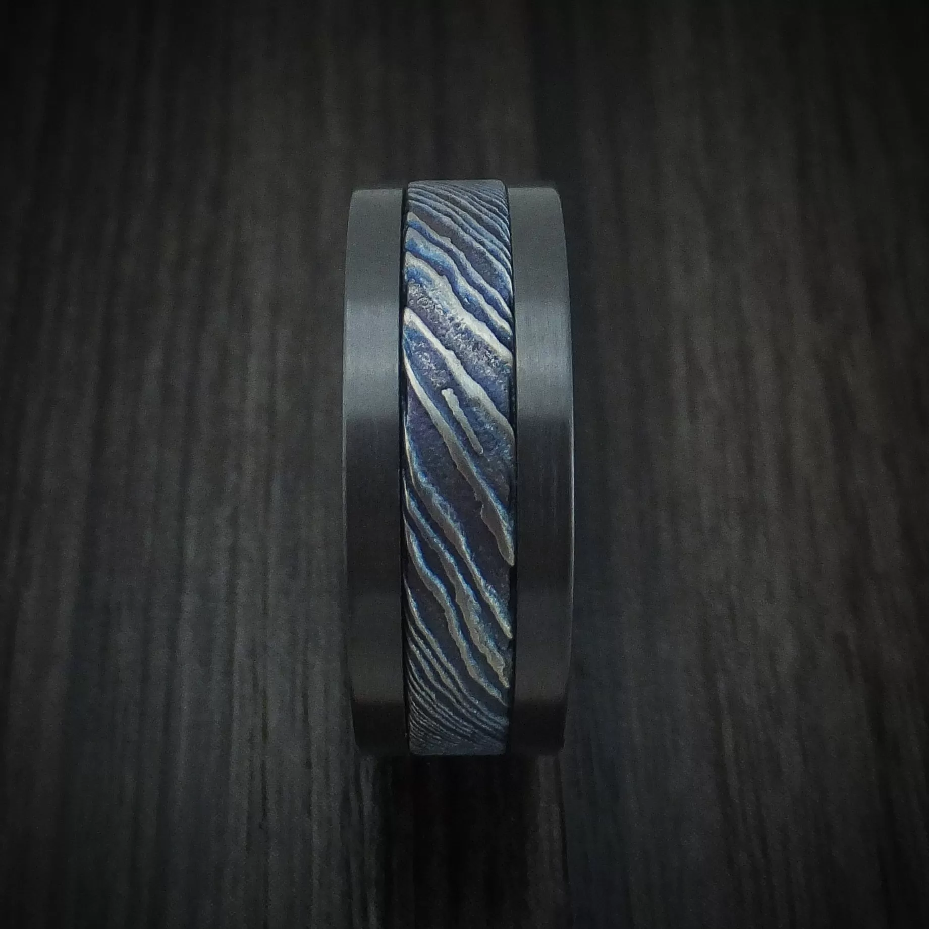 Black Zirconium and Kuro-Ti Twisted Titanium Etched and Heat-Treated Men's Ring Custom Made Band