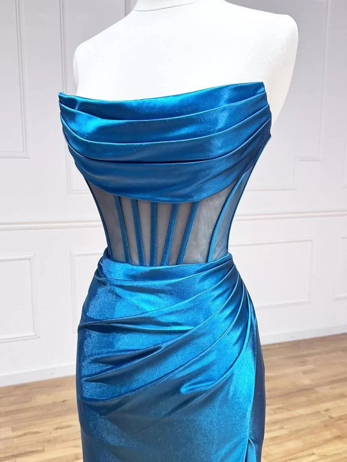 Blue Mermaid Satin Long Prom Dress, Mermaid Blue Formal Evening Dress