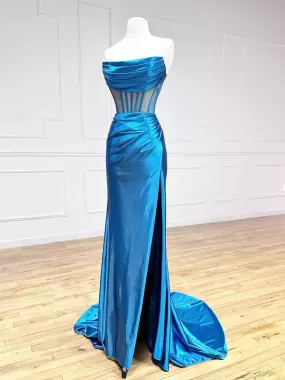 Blue Mermaid Satin Long Prom Dress, Mermaid Blue Formal Evening Dress