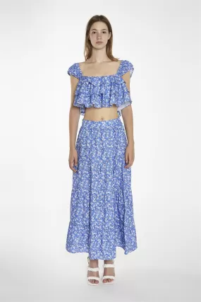 Blue-Watercolour Floral Ruffle Crop-Tops