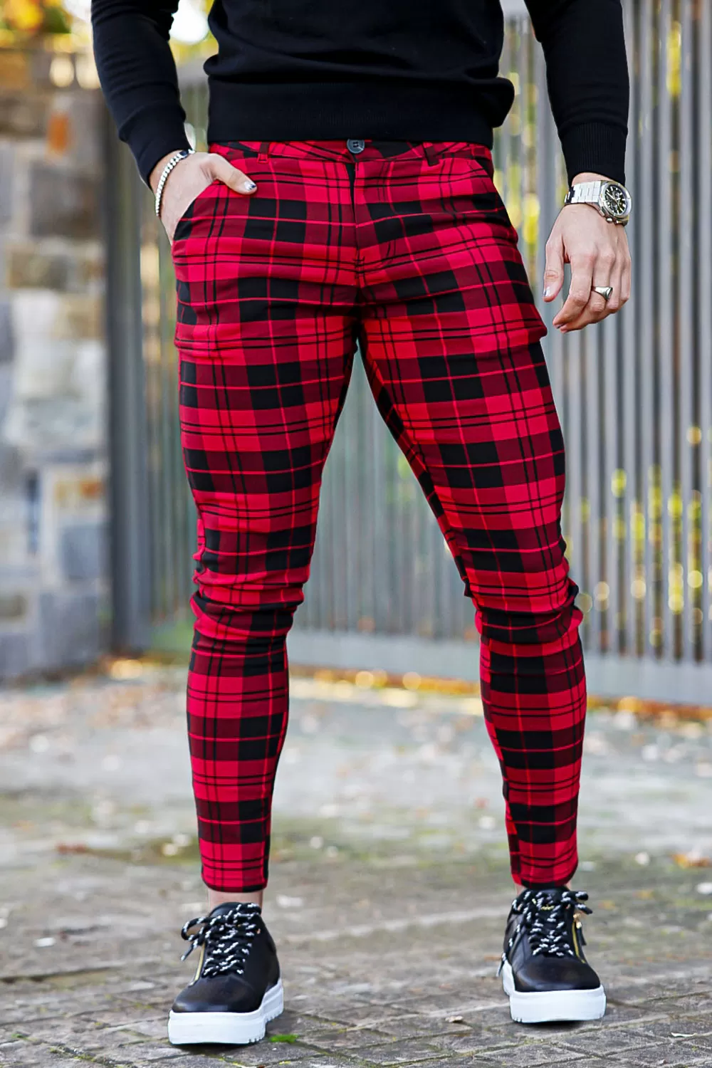 Buy $80 Free Shipping Red And Black Plaid Skinny Pants