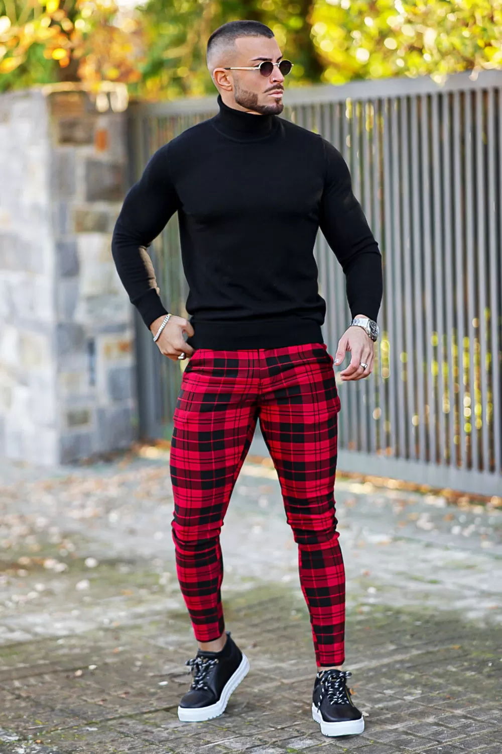 Buy $80 Free Shipping Red And Black Plaid Skinny Pants