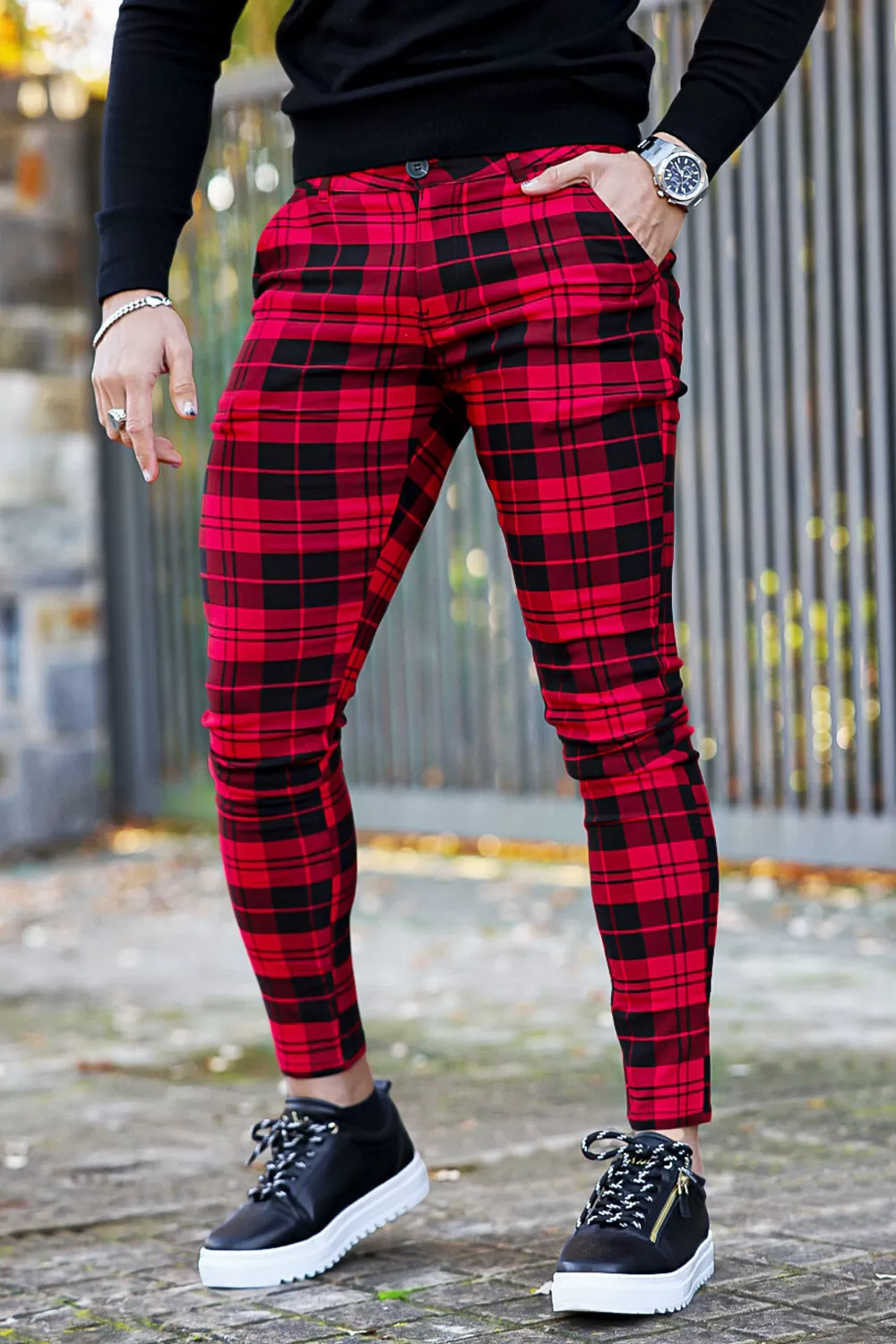 Buy $80 Free Shipping Red And Black Plaid Skinny Pants