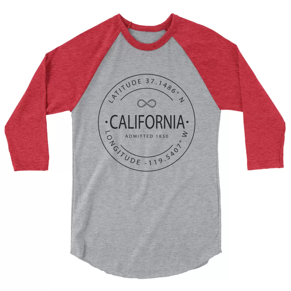 California - 3/4 Sleeve Raglan Shirt - Latitude & Longitude