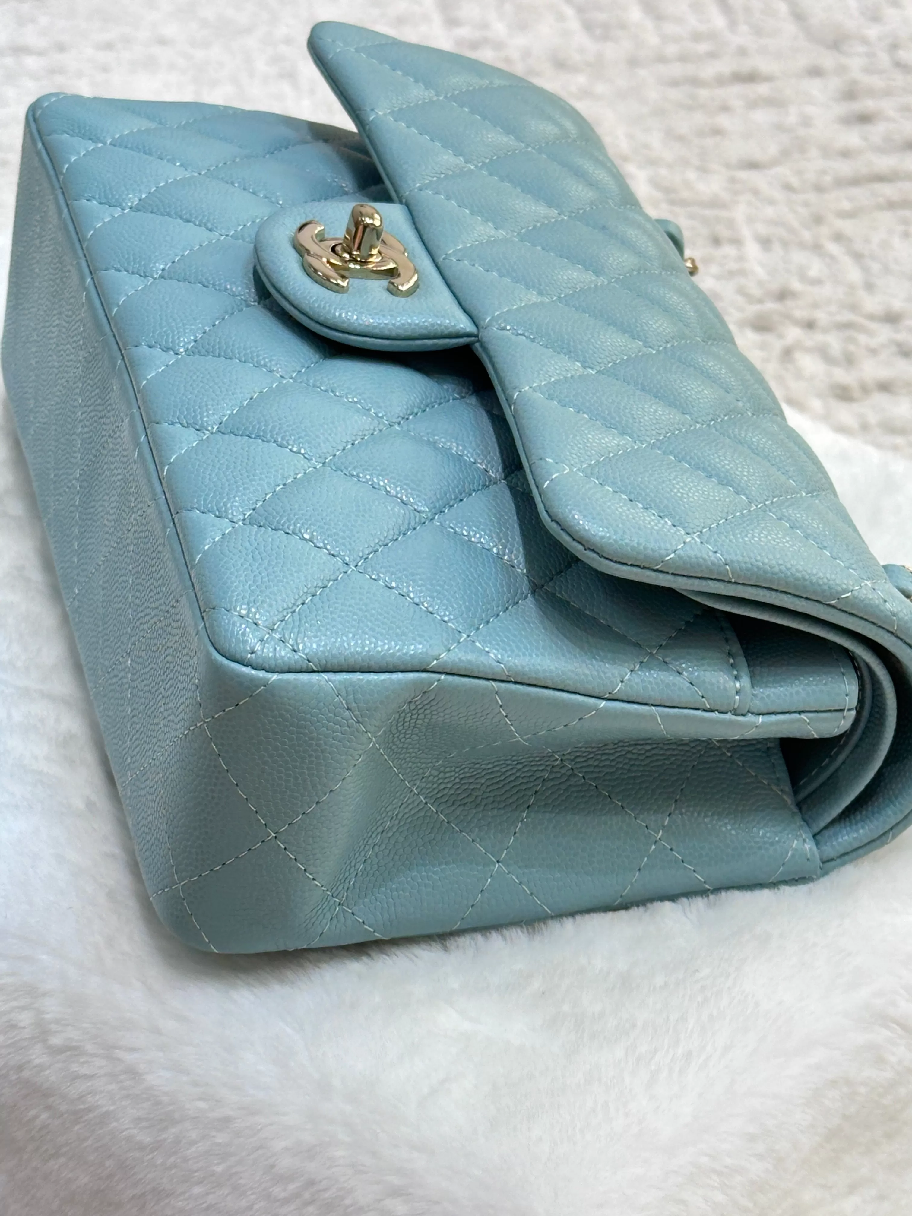 Chanel Small Classic Caviar Double Flap Tiffany Blue 20C GHW