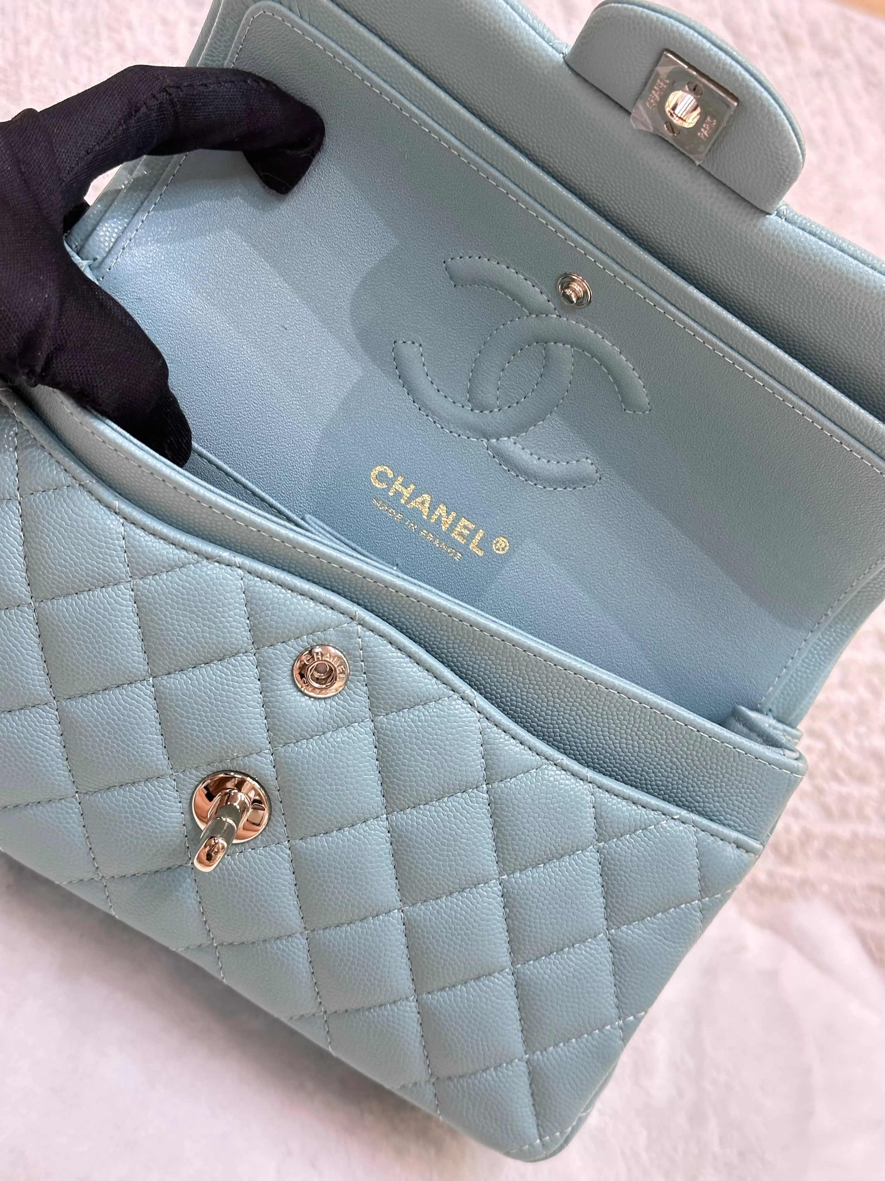 Chanel Small Classic Caviar Double Flap Tiffany Blue 20C GHW