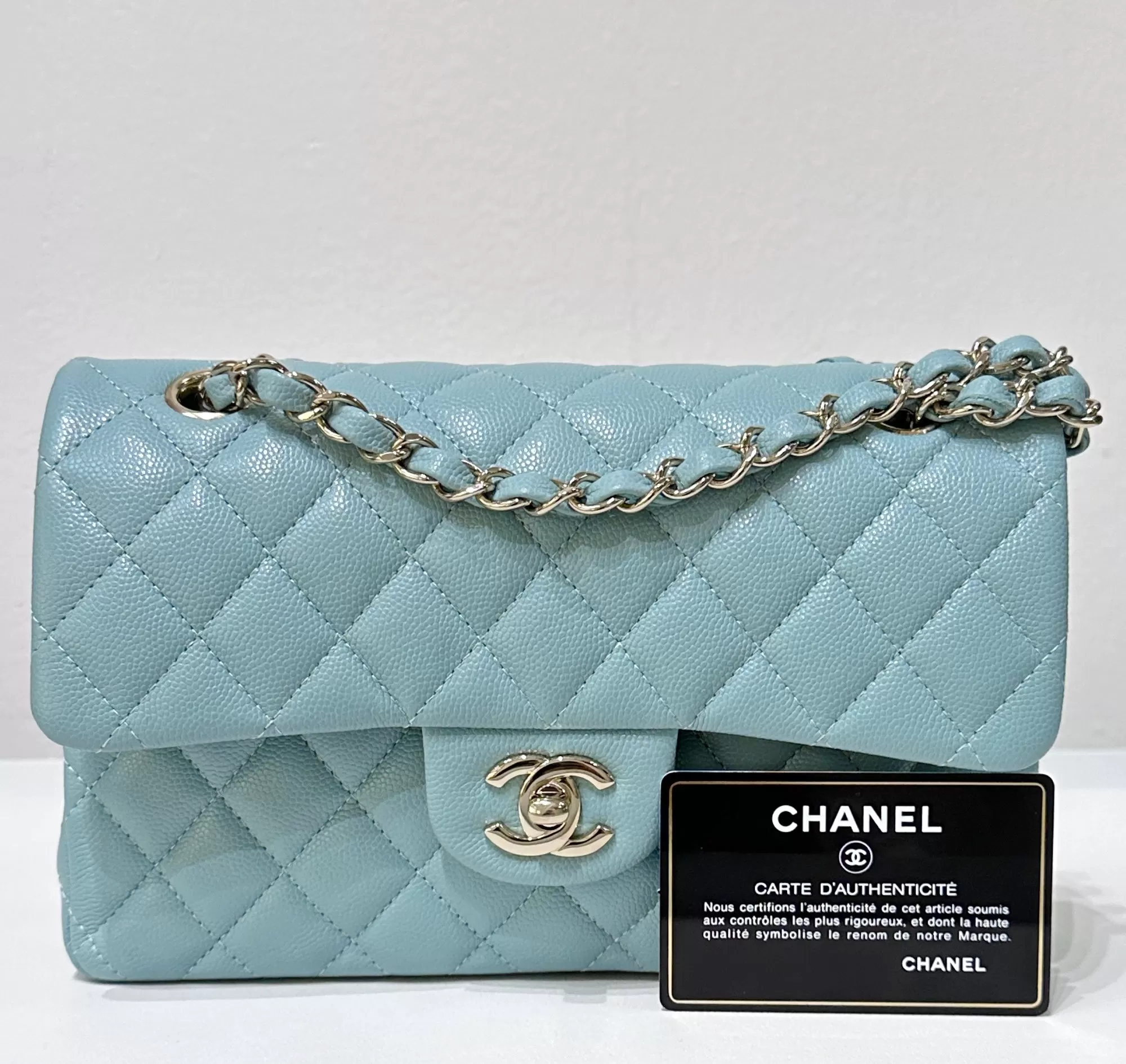 Chanel Small Classic Caviar Double Flap Tiffany Blue 20C GHW