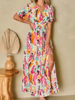 Classy V Neck Print Surplice Maxi Dress