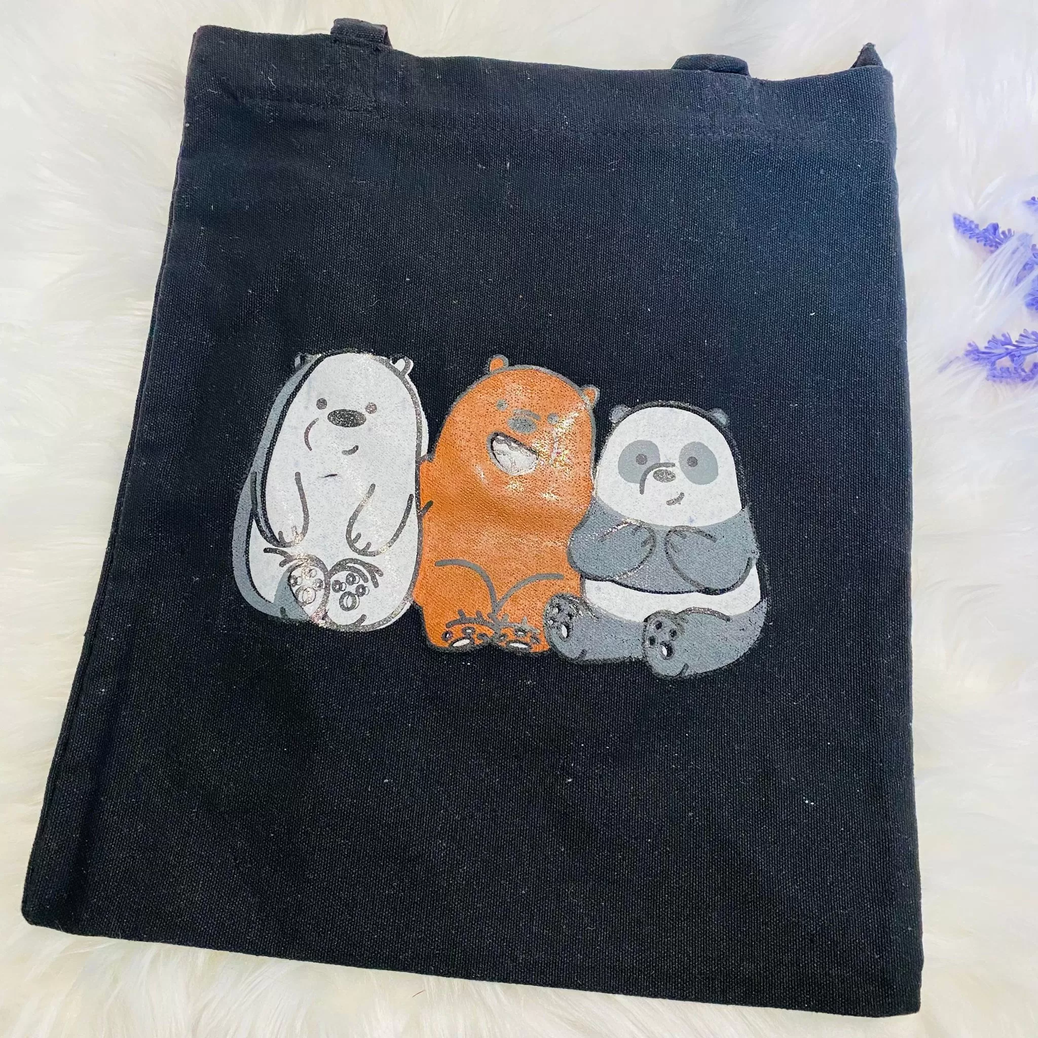 Cotton Tote Bag, Handmade Canvas tote Bag, Reusable Bag, Cute Tote Bag, Cat and Panda Print Bag, Vegan Tote Bag, Gift For Her