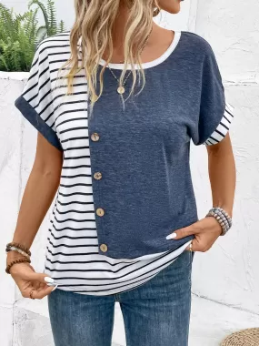 Decorative Button Striped Round Neck Short Sleeve Top