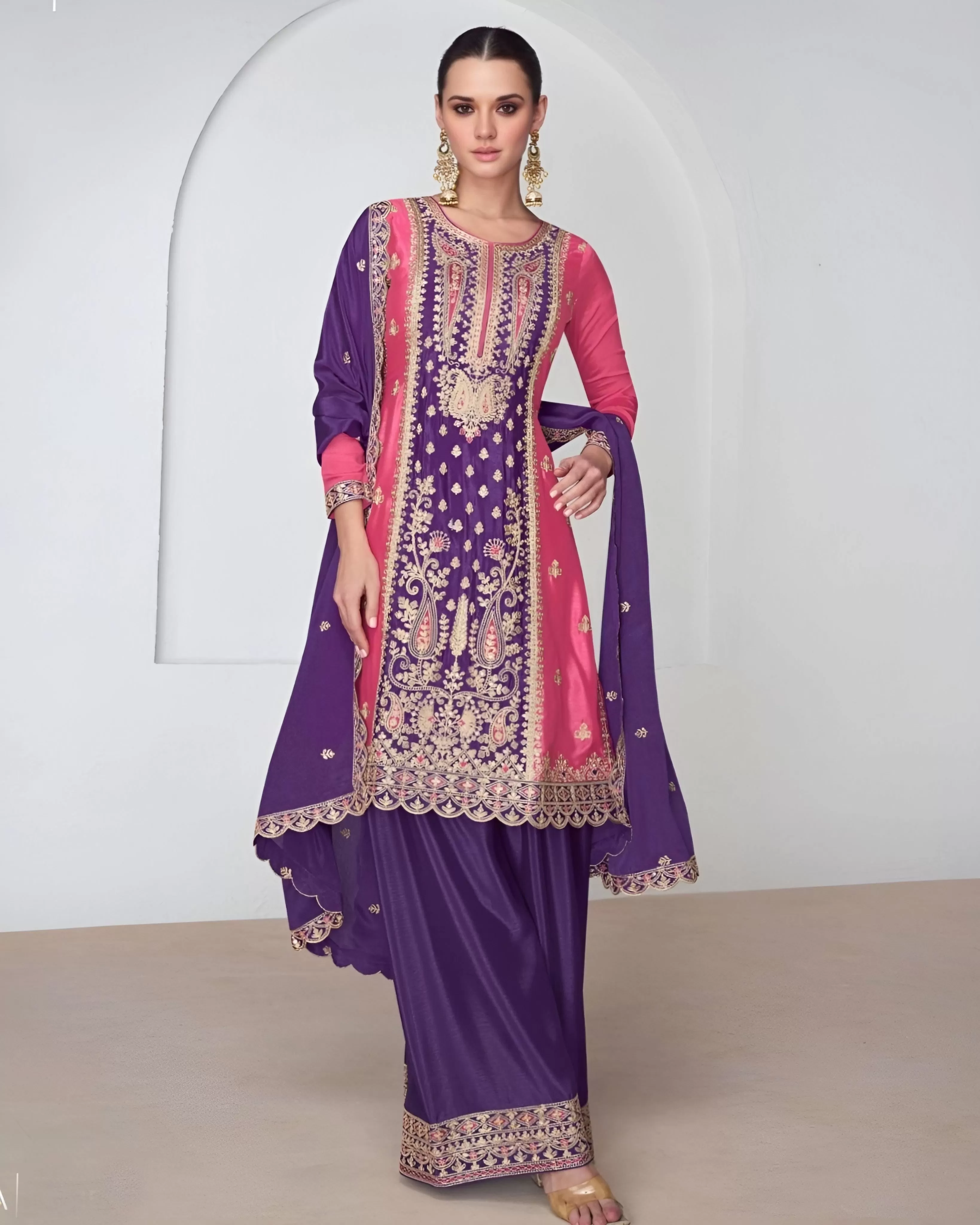 Embroidered Chinon Silk Palazzo Suits Purple