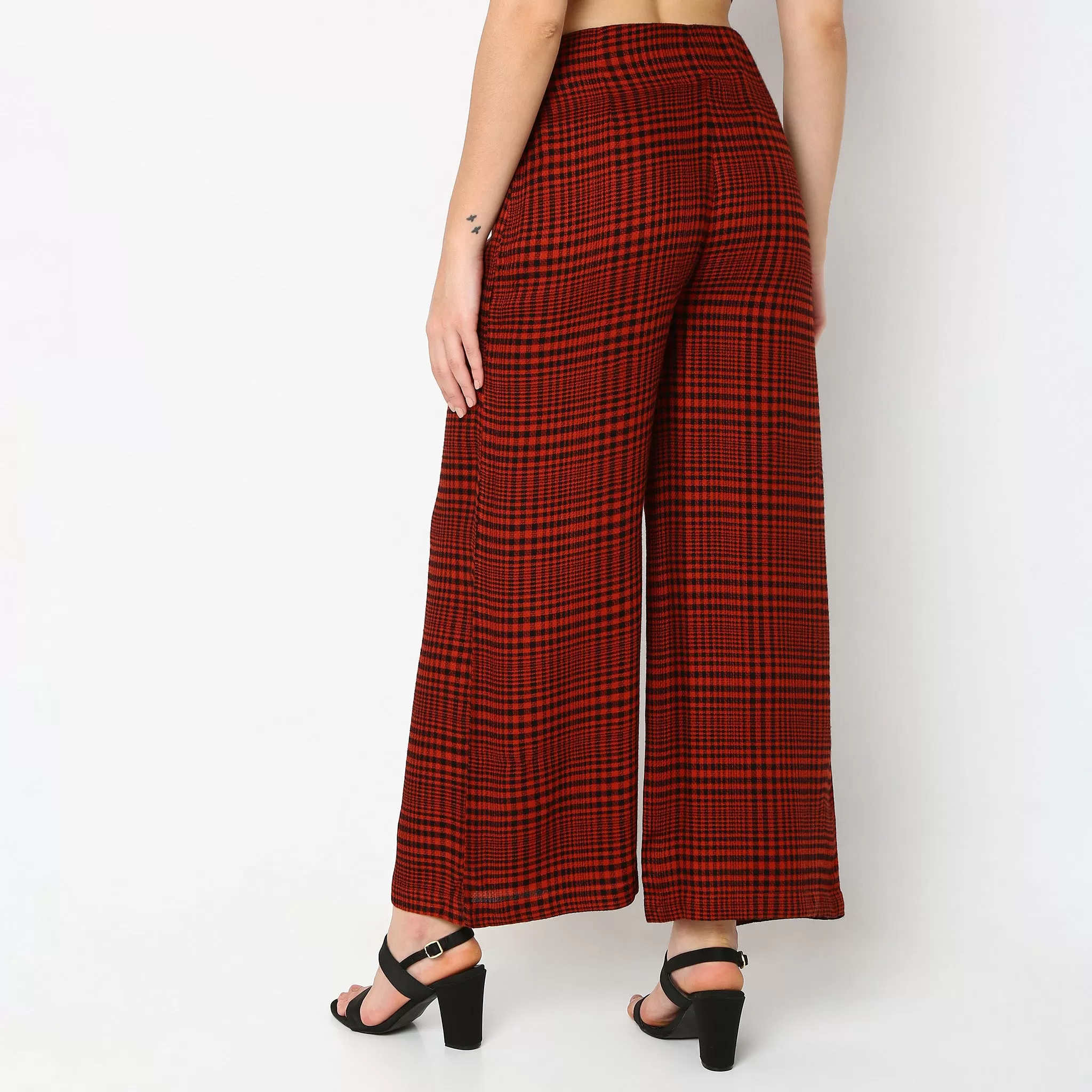 Flare Fit Checkered Mid Rise Palazzos