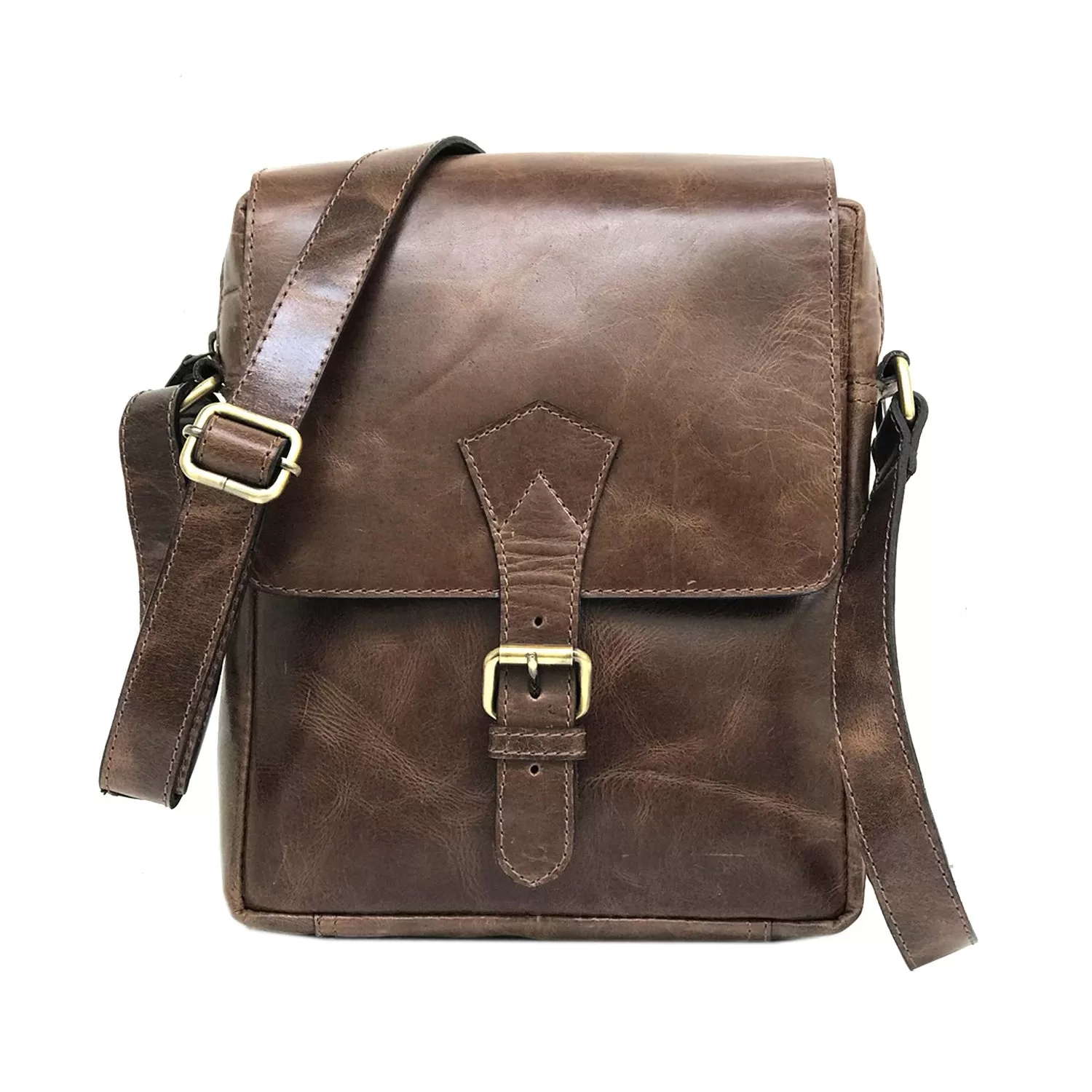 Full-grain Buffalo Leather Sling Messenger Bag - Marbled Brown