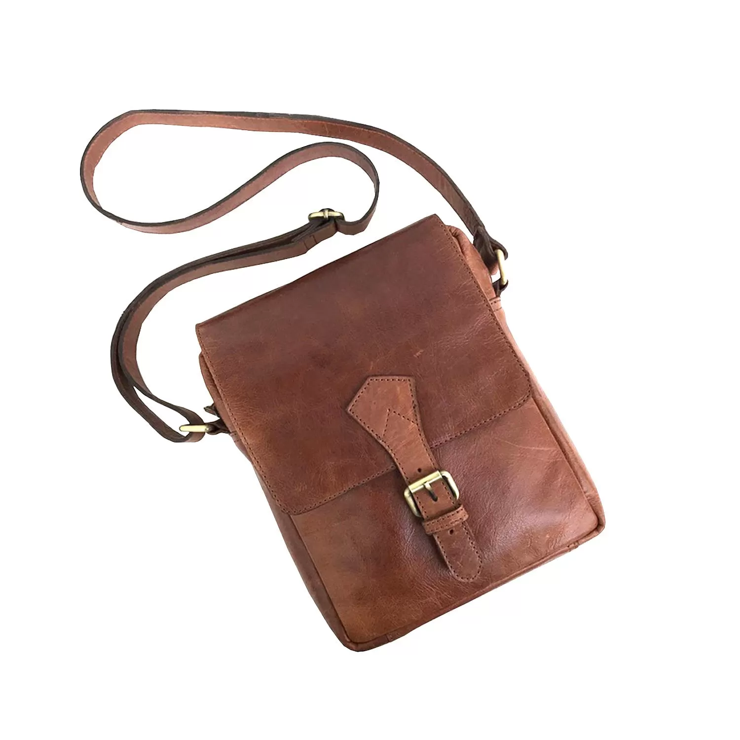 Full-grain Buffalo Leather Sling Messenger Bag - Marbled Brown