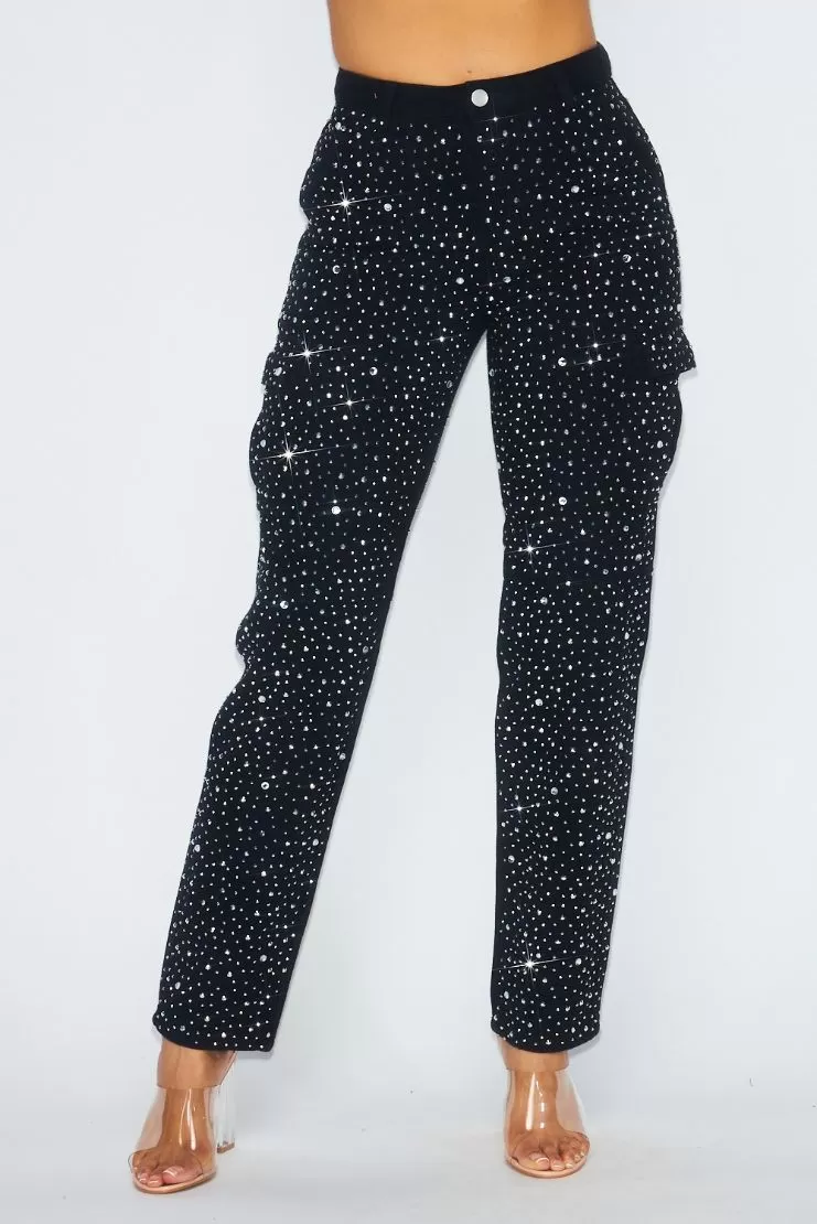 Jenny Rhinestone Denim Cargo Pants - Black