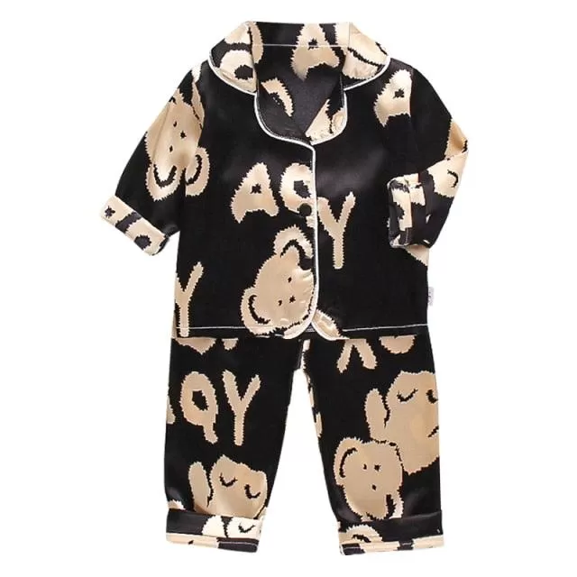 LJW Children's pajamas set Baby suit Kids Clothes Toddler Boys Girls Ice silk satin Tops Pants Set home Wear Kids pajamas