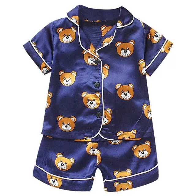 LJW Children's pajamas set Baby suit Kids Clothes Toddler Boys Girls Ice silk satin Tops Pants Set home Wear Kids pajamas