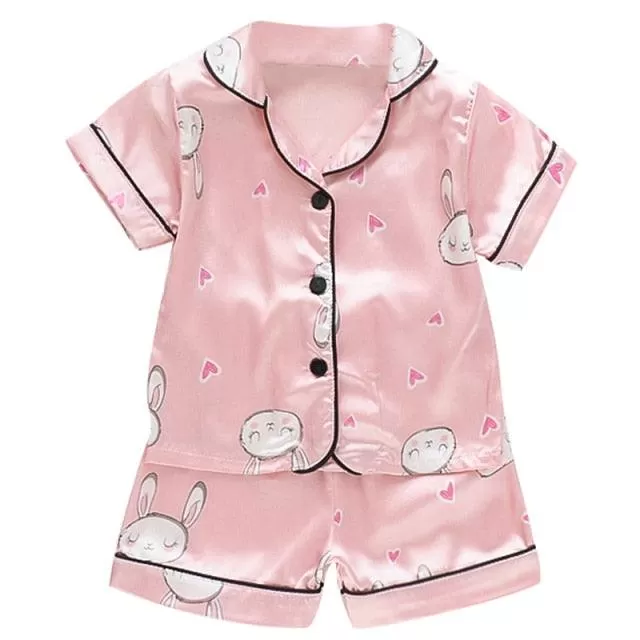 LJW Children's pajamas set Baby suit Kids Clothes Toddler Boys Girls Ice silk satin Tops Pants Set home Wear Kids pajamas