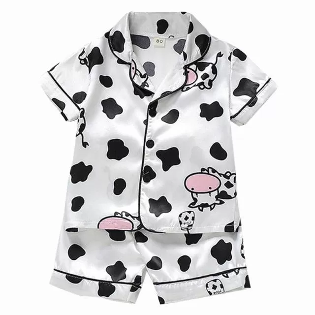 LJW Children's pajamas set Baby suit Kids Clothes Toddler Boys Girls Ice silk satin Tops Pants Set home Wear Kids pajamas