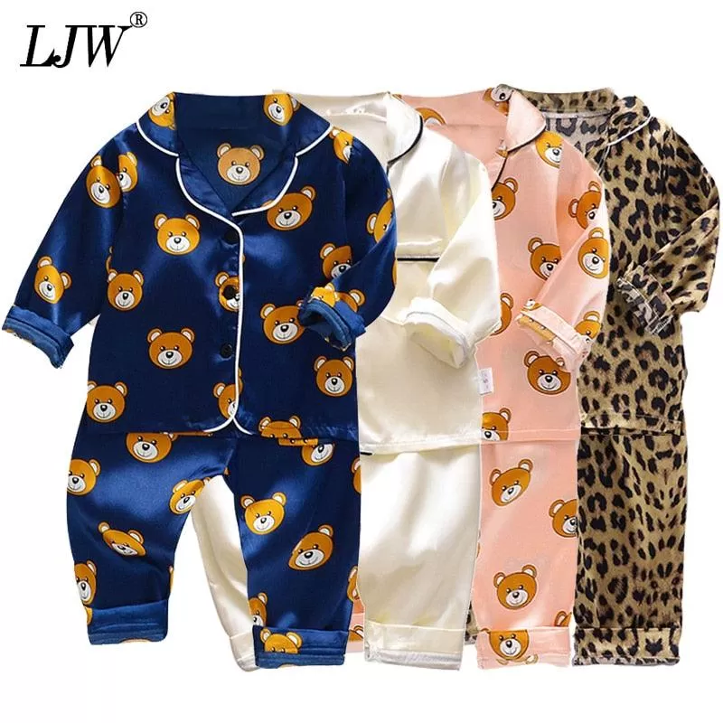 LJW Children's pajamas set Baby suit Kids Clothes Toddler Boys Girls Ice silk satin Tops Pants Set home Wear Kids pajamas