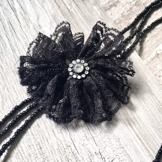 LONG BEADED PEARL CORSAGE MULTI-LAYER NECKLACE - BLACK