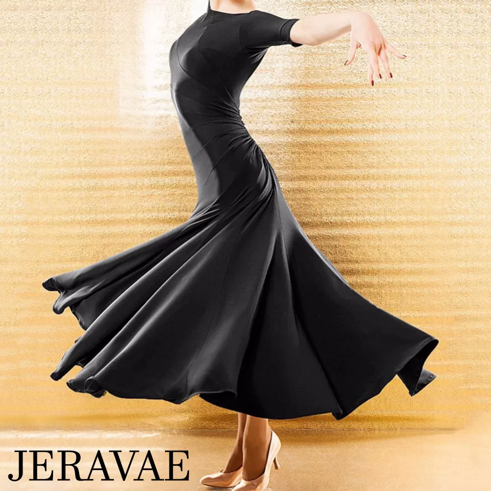 Long Black Ballroom Practice Dress with Half Sleeves, Soft Hem, and Gather in Back with Diagonal Back Neckline PRA 467