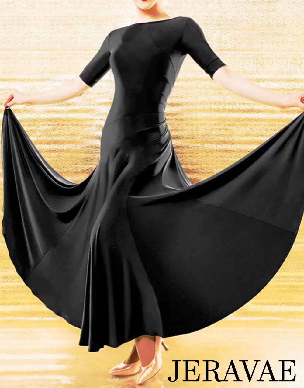 Long Black Ballroom Practice Dress with Half Sleeves, Soft Hem, and Gather in Back with Diagonal Back Neckline PRA 467