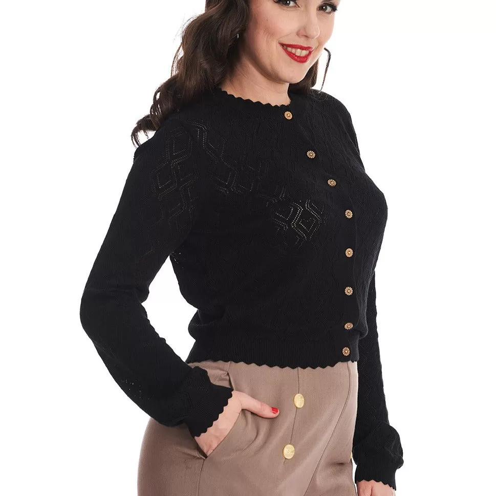 Long Sleeve Black Pointelle Scallop Edge Crop Cardigan