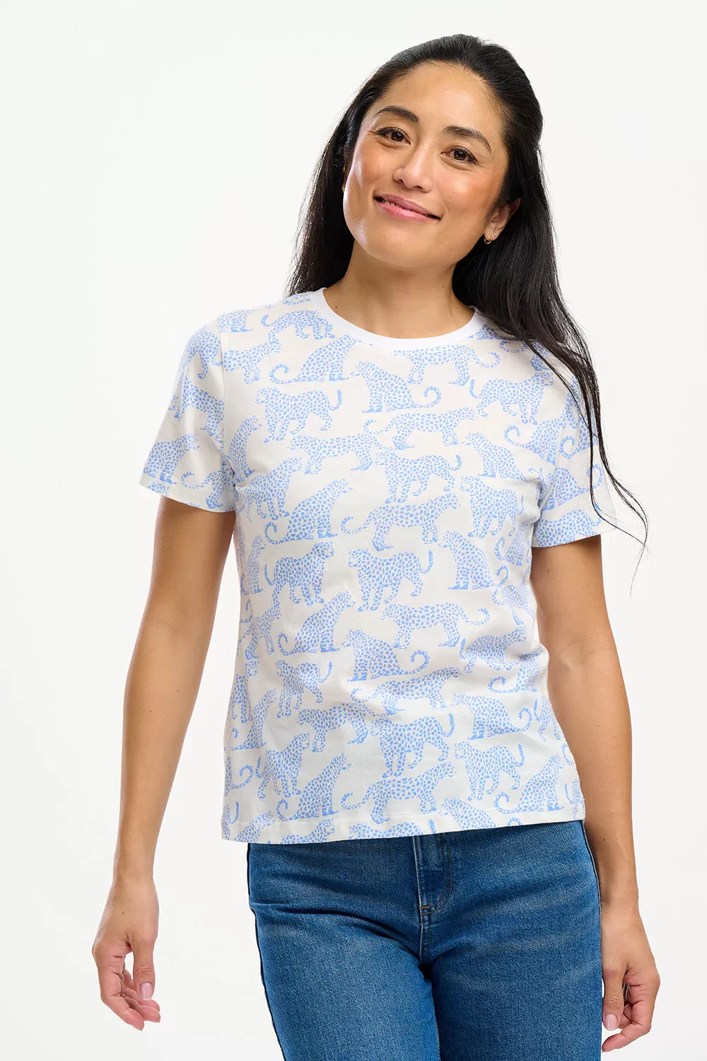 Maggie T-Shirt - Off-White/Blue, Leopard Spots